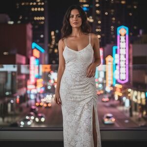 Saylor Lace Dress Ruched Bodycon Spaghetti Strap‎ Cream Midi Dress Size Medium